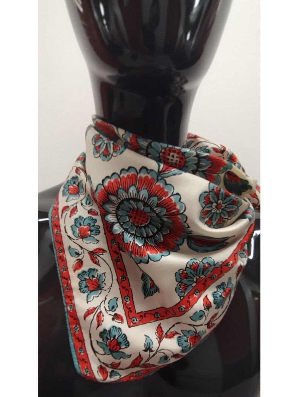Vintage Glentex 1950s Bohemian Indian Scarf Terra Orange Floral 50s Blue Border